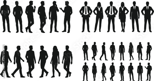 Collection of business and casual men and women silhouettes standing and walking together isolated on a white background for design projects.
