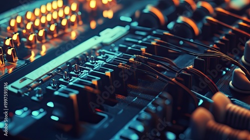 Modern audio mixing console featuring numerous illuminated control buttons, sliders, and intricate circuit board components, representing sound engineering and music production technology