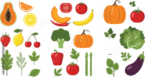 Colorful Fresh Fruit and Vegetable Flat Vector Set with Pumpkin Tomato Broccoli Strawberry Papaya Eggplant Asparagus Healthy Food Collection for Nutrition Design