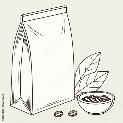 Coffee bag with beans and leaves
