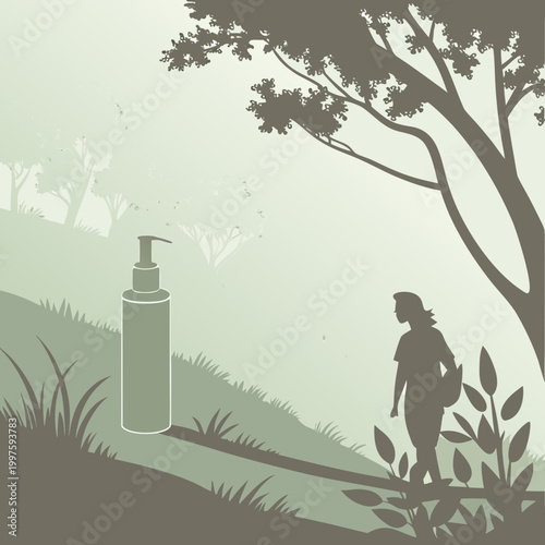 Woman standing next to sunscreen bottle in a green landscape