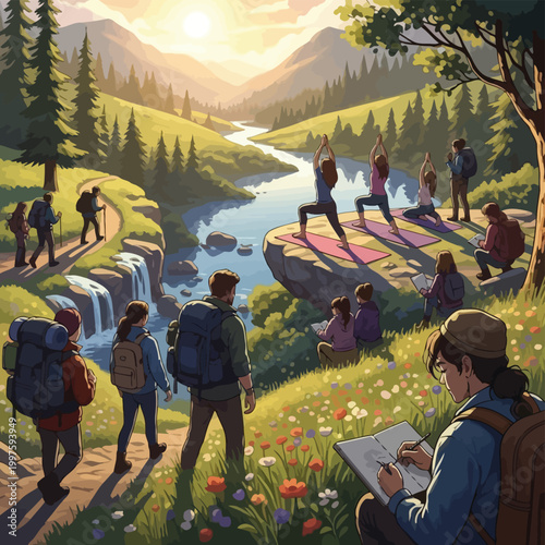 Vibrant vector illustration depicts diverse people enjoying outdoor activities hikers on a scenic trail individuals practicing yoga on a cliff edge overlooking a river valley
