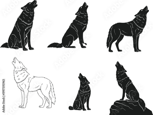 Wolf silhouette collection with howling poses, wild animal illustrations and forest predator shapes isolated on white background vector set