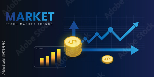 Stock Market Growth Concept with Rising Chart, Up Arrow and Gold Coin Stack on Blue Background