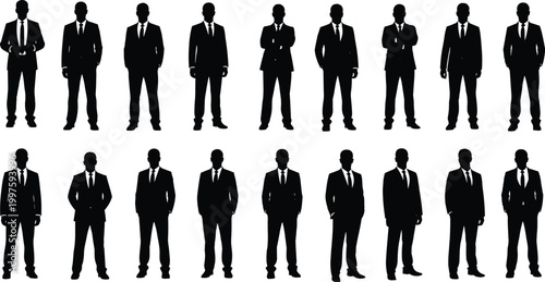 Collection of Professional Businessman Silhouettes in Suits Standing in Confident Frontal Poses Isolated on White Background for Corporate Identity Design