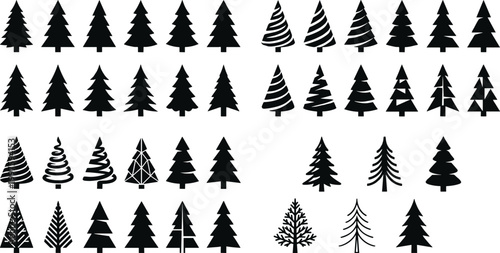 Comprehensive Collection of Minimalist Black Evergreen Pine and Christmas Tree Silhouettes for Winter Holiday Graphic Design and Creative Festive Vector Projects