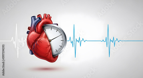 Human heart with stopwatch and ECG heartbeat line on white background. Concept of blood pressure control, hypertension awareness, heart health monitoring, and medical time management