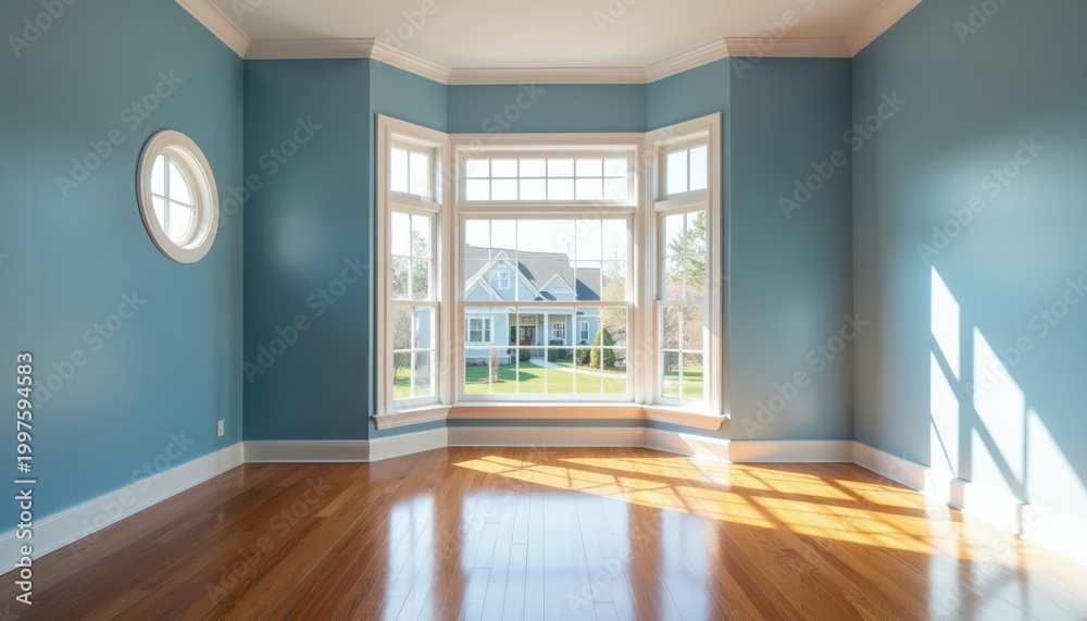 Obraz premium Empty room with light blue walls and shiny hardwood floor. Large bay window shows suburban house outside. Sun light streams through the glass.