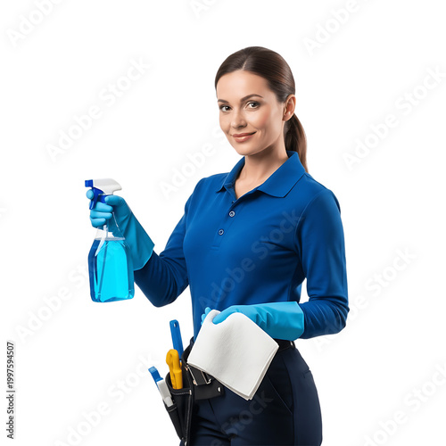 A cheerful professional cleaner holds a spray bottle and a white cleaning cloth.