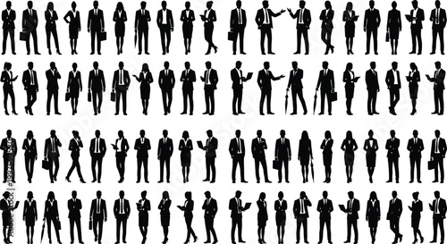 Comprehensive set of professional business people silhouettes isolated on a white background, featuring corporate men and women standing in suits.