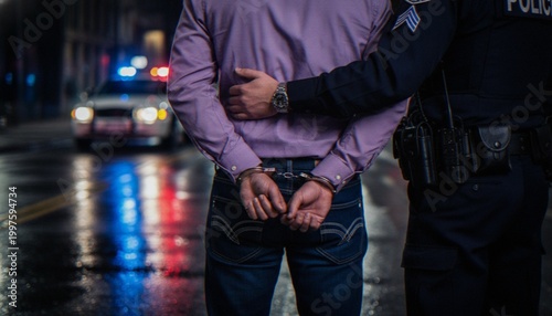 Cuadro en lienzo A police officer arresting a man in handcuffs on a street at night with a police cruiser in the background