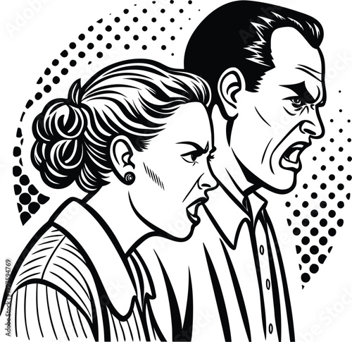 Angry couple, argumentative pair, frustrated man and woman, conflict illustration, black and white vector