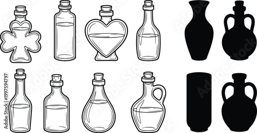 Hand Drawn Alchemy Potion Bottles Line Art Collection with Black Silhouettes for Magical Wizard Graphics and Enchanted Apothecary Design Elements