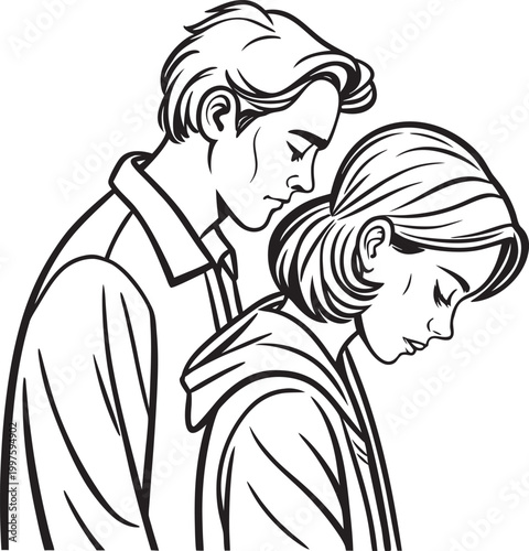 Sad couple, depressed man and woman, emotional illustration, black and white vector