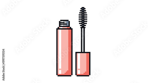 Pixel art illustration of a pink mascara tube and its brush applicator isolated on a white background for retro design.