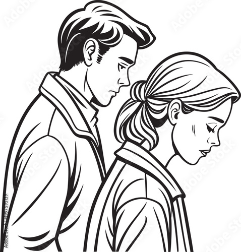 Sad couple, depressed man and woman, side view, black and white illustration, vector graphics
