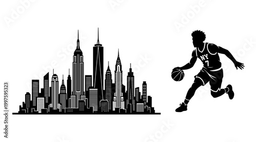 Vector silhouette of New York City skyline with Empire State Building and basketball player dribbling ball, sports culture landmark art