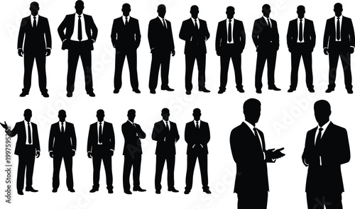 Large Collection of Professional Businessman Silhouettes in Formal Suits Standing and Gesturing in Confident Poses Isolated on White Background