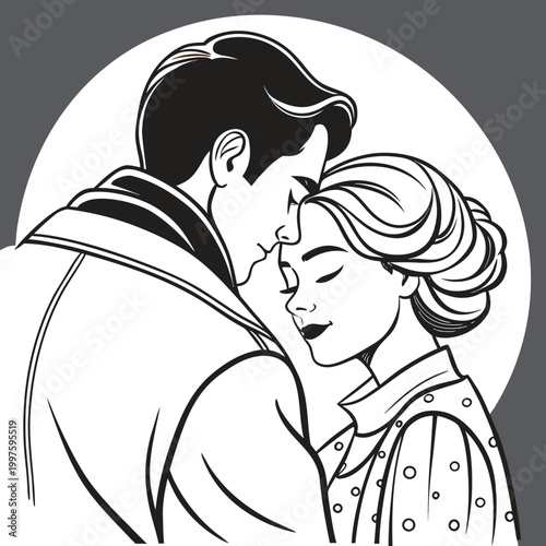 Romantic couple kissing, love illustration, black and white vector, minimalistic art