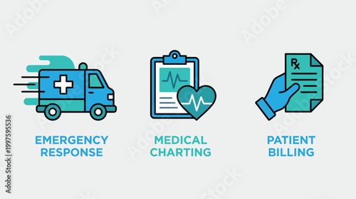 Medical icons set with ambulance, chart, and pill Vector