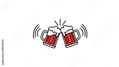 Pair of beer mugs filled with amber lager and white foam are clinking together in a celebratory toast to friendship and fun.