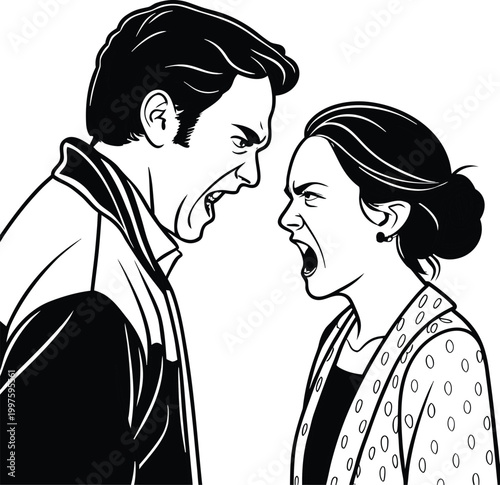 Angry couple, frustrated man and woman, arguing faces, conflict illustration, emotional expressions