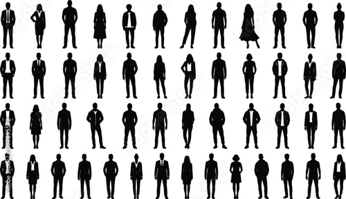 Large collection of standing male and female people silhouettes in various business and casual clothes isolated on white background for design.