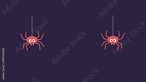 Two cute red spiders with big round eyes hang from thin silk threads against a dark purple background for a spooky halloween theme.