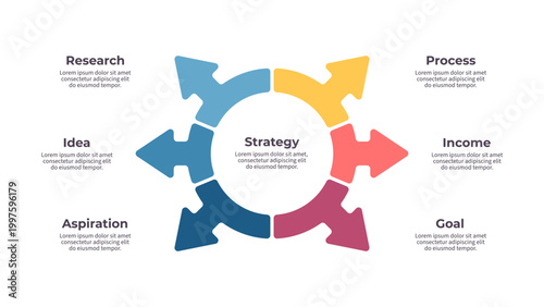 Business infographic template. Arrow chart with six options, steps. Vector chart.