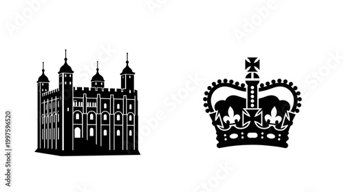 Vector silhouette of Tower of London fortress and royal crown, British heritage, monarchy tradition, cultural architecture, iconic landmark, historic art