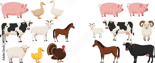Large collection of farm animal vector set featuring cows, pigs, horses, sheep, goats, ducks, geese, and turkeys for children's educational books, ranching branding, and nursery wall stickers.