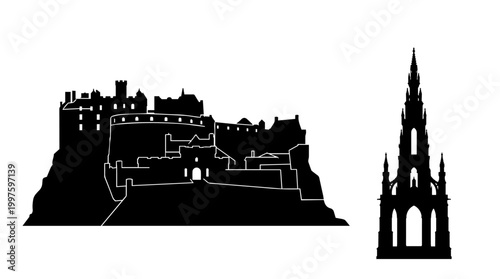 Vector silhouette of Edinburgh Castle and Scott Monument, iconic Scottish landmarks, historic architecture, cultural heritage, skyline design, tourism inspiration, art