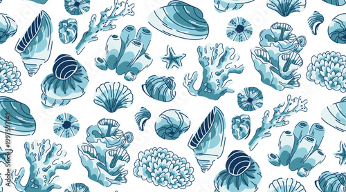 Monochrome pattern with seashells, corals and anemones in doodle style, graceful marine organisms on white