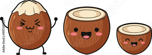 Cute cartoon coconut character vector set featuring happy whole and half coconut pieces with expressive faces for tropical food branding, summer stickers, and healthy fruit design.