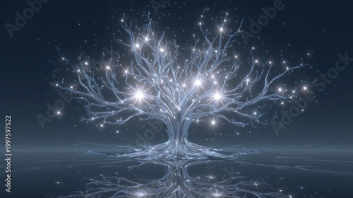 Glowing magical tree with sparkling lights on branches and roots in dark mystical landscape with starry night sky