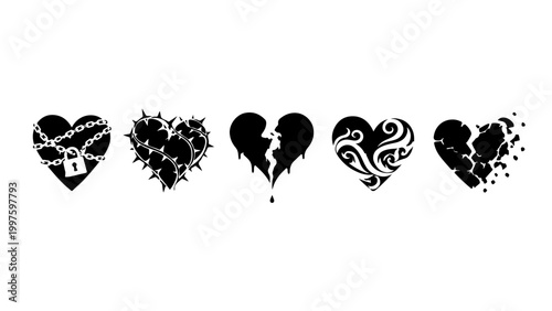 Heart Shape Set Love Symbol Collection Decorative Black Silhouettes