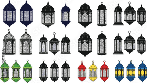 Islamic lantern silhouette vector set featuring various ornate traditional lamp designs for Ramadan K