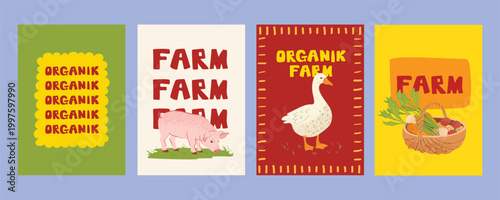 Organic farm animals poster set with pig and goose, agriculture lifestyle cards, rural livestock farming illustration collection