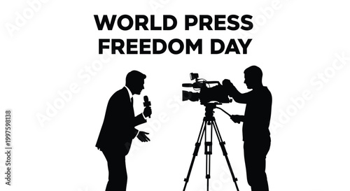 Silhouette of a professional television reporter conducting an interview with a cameraman filming the news segment