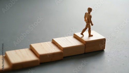 Wooden figure walks up ascending blocks representing career growth and life path. Concept for personal development goal achievement success and future planning.
