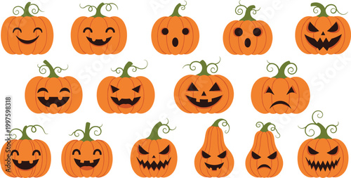 Large Halloween pumpkin jack o lantern vector set featuring various scary and happy carved faces for spooky seasonal decorations, autumn holiday parties, and festive October celebration icons.