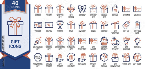 A collection of gift icons displayed on a white background for business and lifestyle purposes.