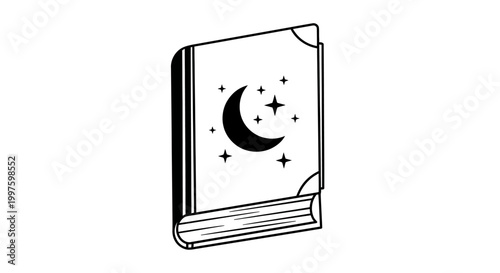 a black and white illustration of a book with a crescent moon and stars.
