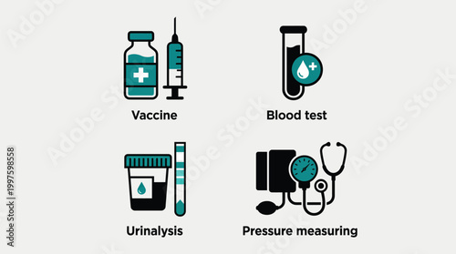 Medical icons set with vaccine, blood test, urinalysis and pressure measuring Vector