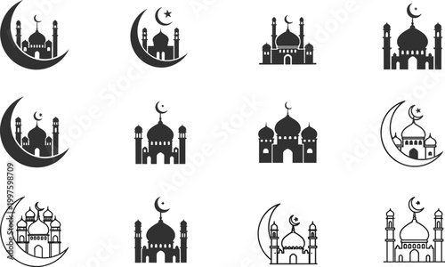Islamic mosque architecture silhouette vector set featuring various masjid designs with crescent moon and star for Ramadan Karee