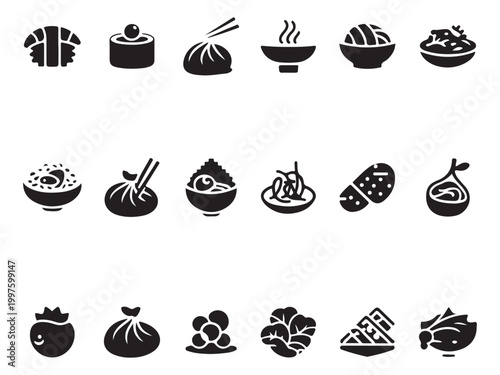 Asian Cuisine and Chinese Food Icon Set - Sushi Dim Sum and Oriental Dishes Vector