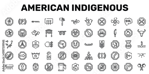 american indigenous outline icon set featuring radioactive warning, fog light, 70 degree laundry, native american axes icons.