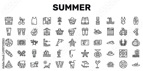 summer outline icon set featuring caste, waterski, wetsuit, summer hat icons.