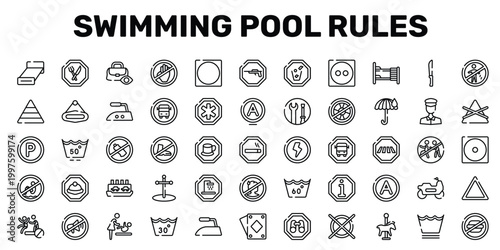 swimming pool rules outline icon set featuring null, no shoes, ferry carrying cars, not allowed snacks icons.