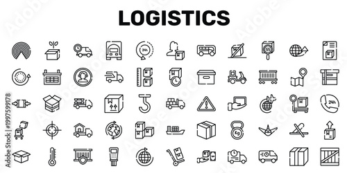 logistics outline icon set featuring open cardboard box, cardboard box with fragile items, moving home, wooden box icons.
